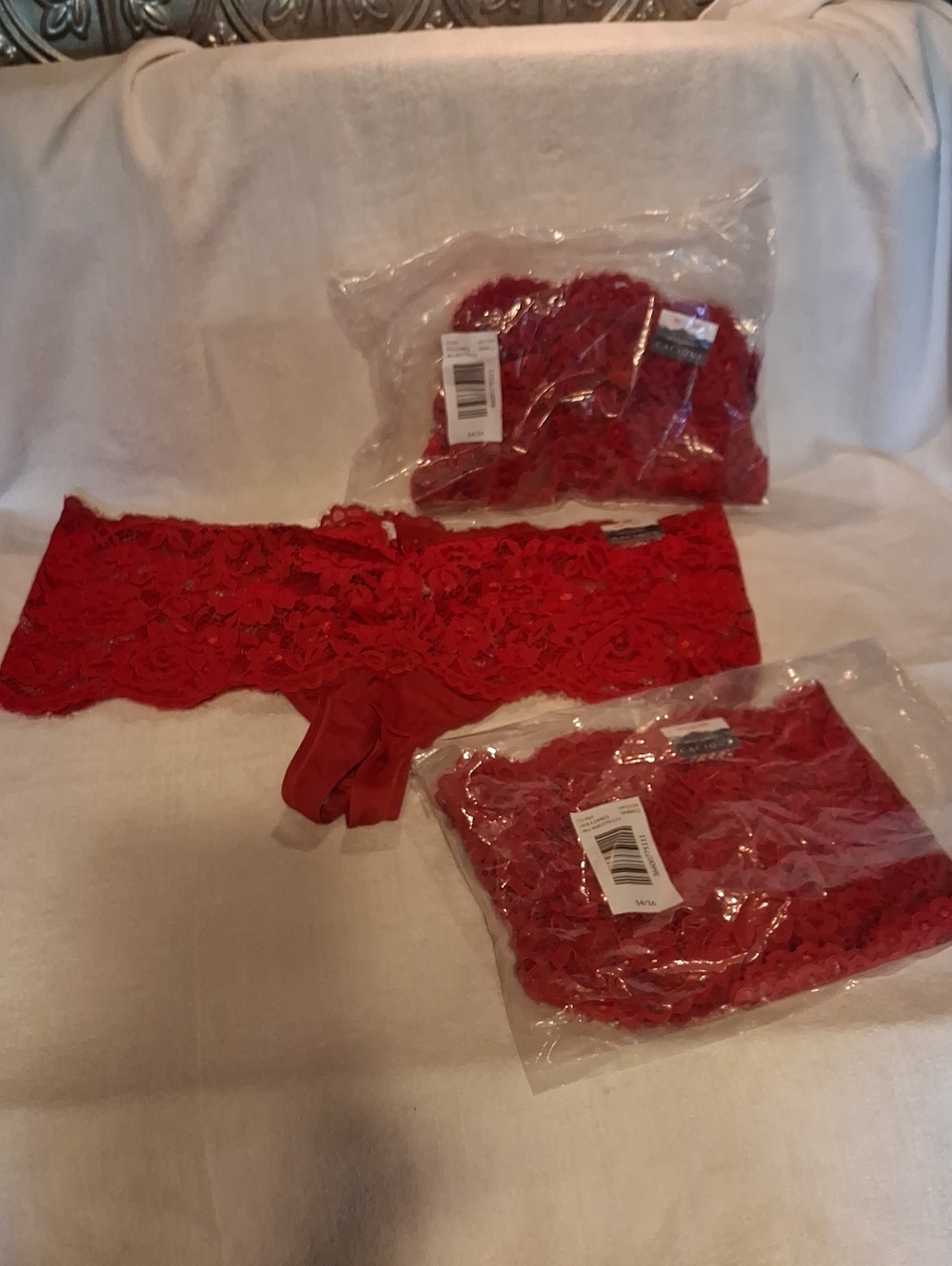 Cacique Red Lace Boyshorts Thong Split Gusset Trio - Floral Stretch Lace
